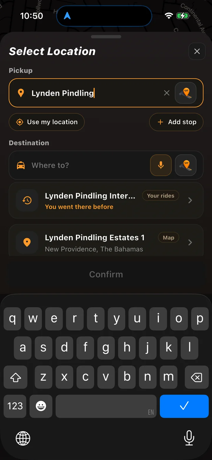 HOP app: set your pickup and where you're going
