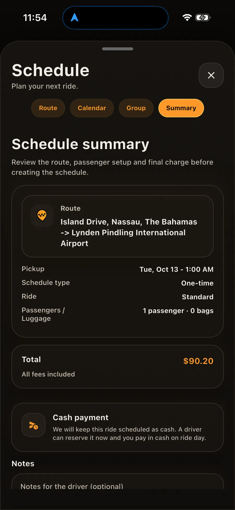 HOP app, step 3: schedule summary with the route, pickup time, ride type and the total price before confirming