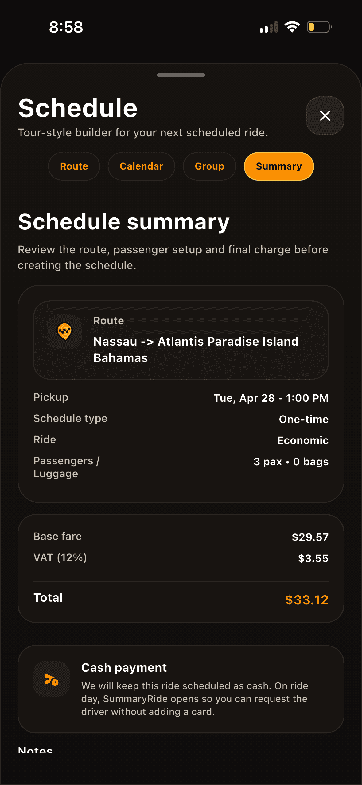 HOP schedule — Nassau to Airport transfer confirmation
