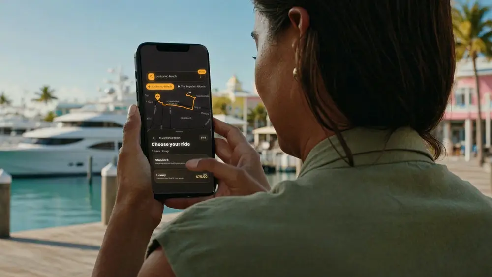 Rider checking the HOP app at the marina